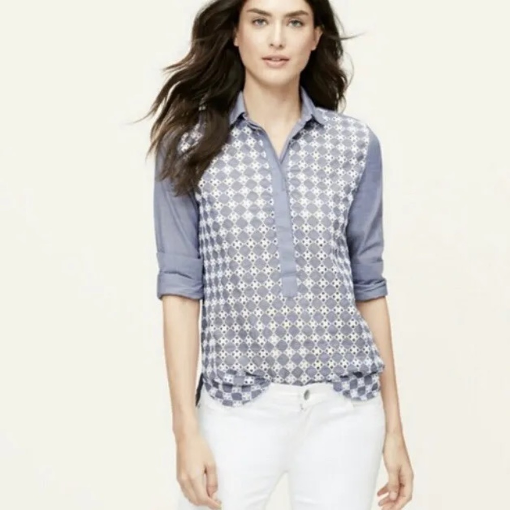 NWT Ann Taylor Loft Chambray Button Eyelet Front Softened Shirt